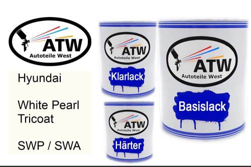 Hyundai, White Pearl Tricoat, SWP / SWA: 1L Lackdose + 1L Klarlack + 500ml Härter - Set, von ATW Autoteile West.